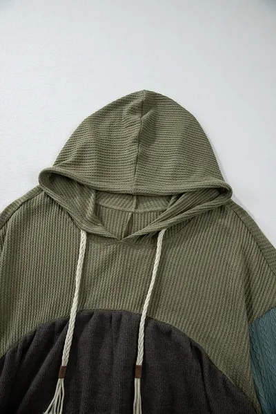 Waffle-Knit High-Low Color Block Hooded Long Sleeve Top - Image 4