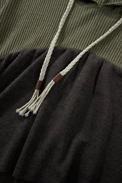 Waffle-Knit High-Low Color Block Hooded Long Sleeve Top - Image 5
