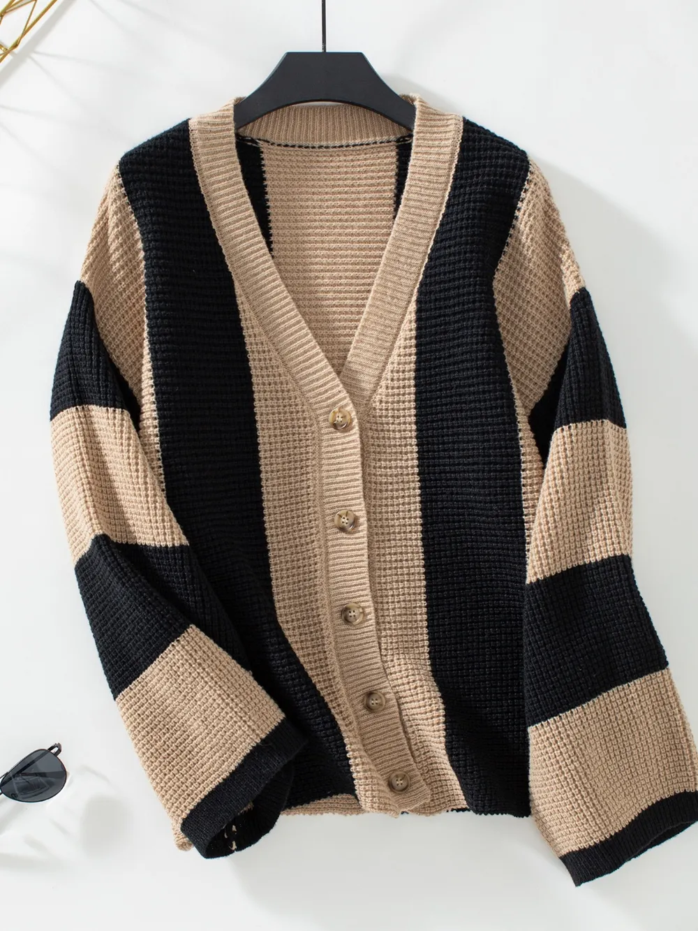 Waffle-Knit V-Neck Striped Long Sleeve Cardigan - Image 7