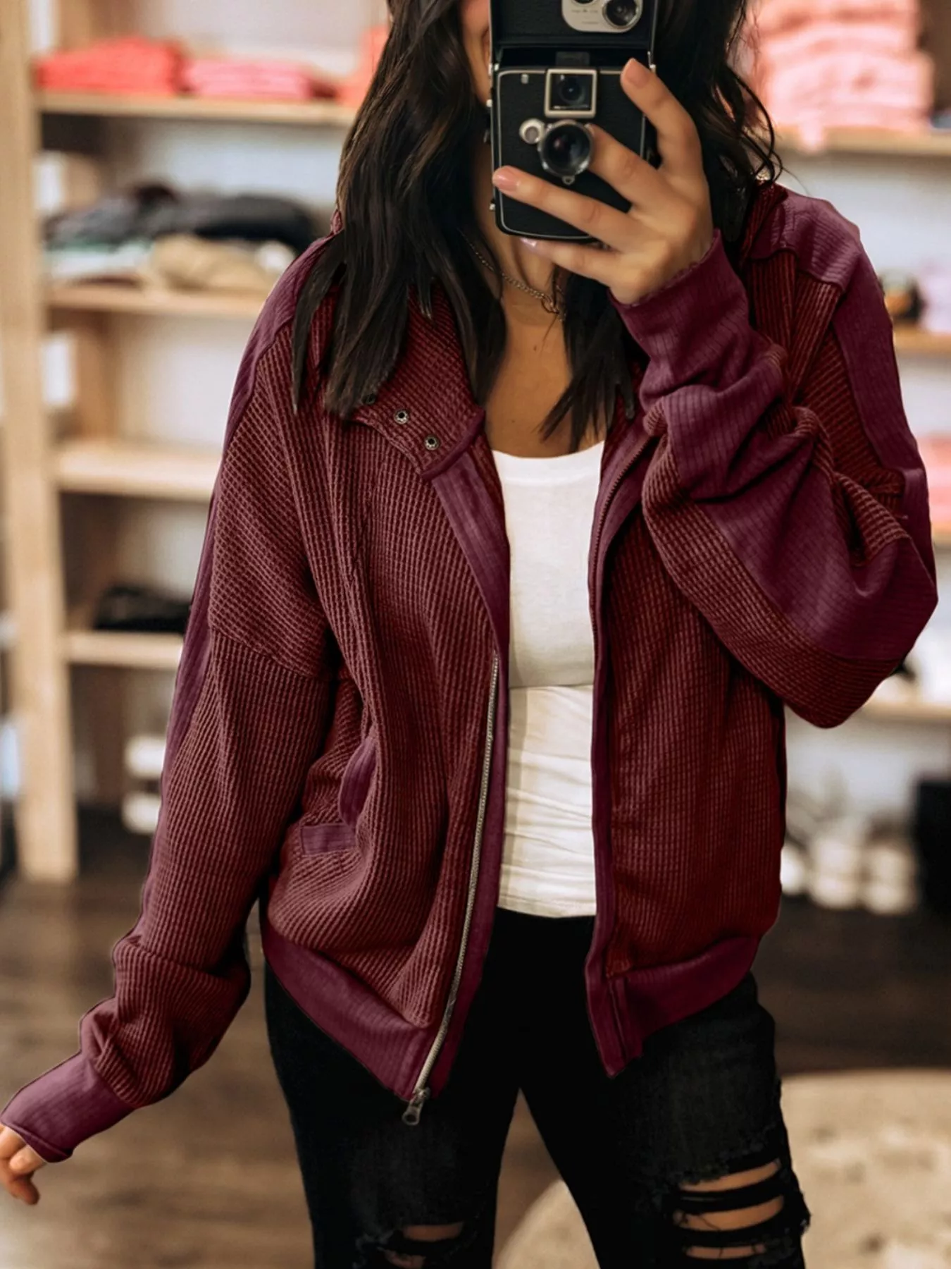 Waffle Zip Up Hooded Jacket with Pockets - Image 2