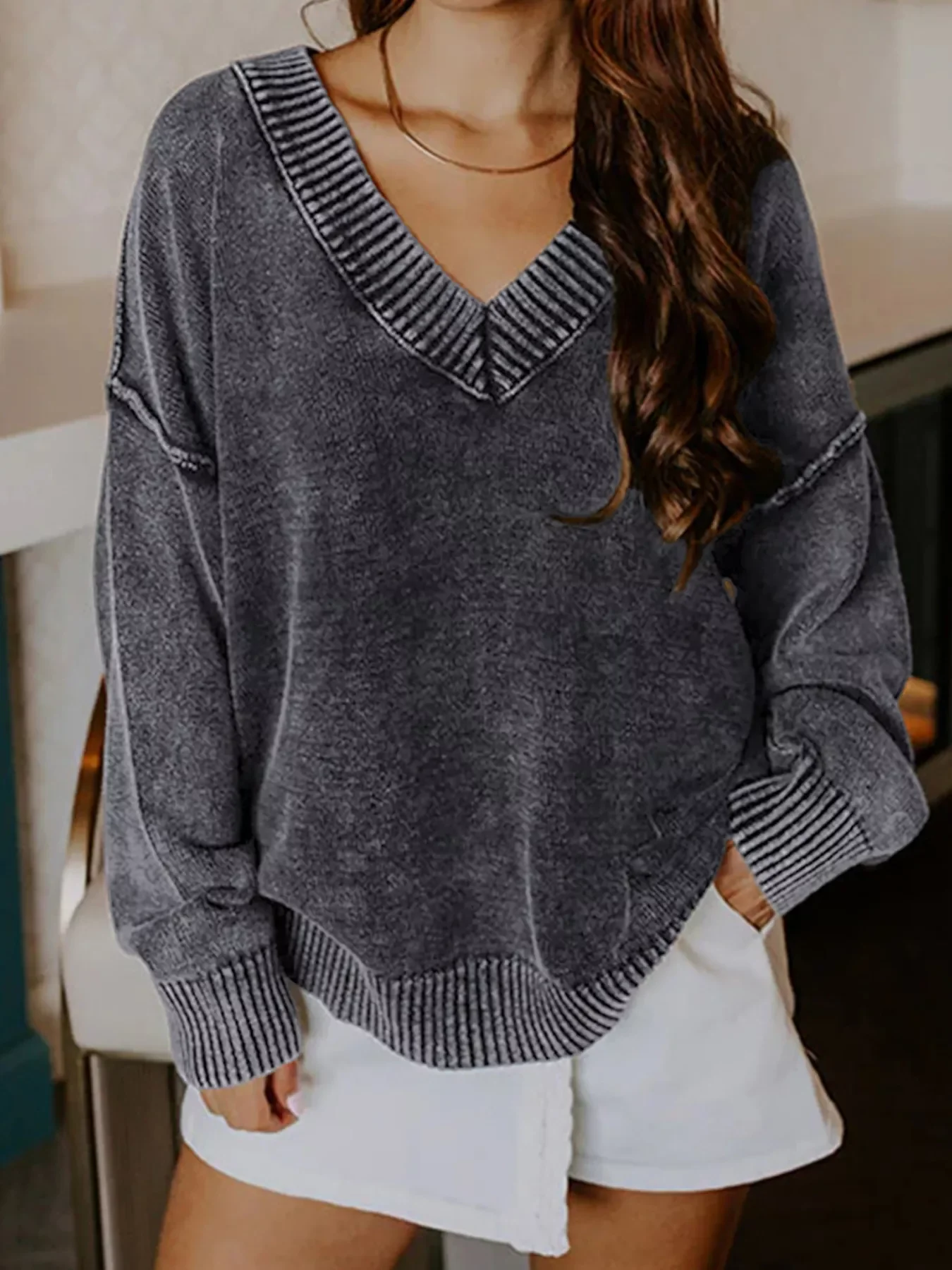 Wash V-Neck Long Sleeve Sweater