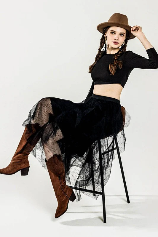 Waterfall PolkaDot Mesh Ruffle Midi Skirt - Image 9