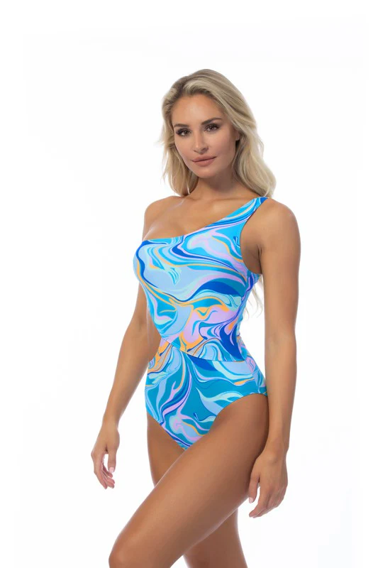 WAVE PRINTED ONE SHOULDER ONE PIECE SWIMSUIT - Image 5