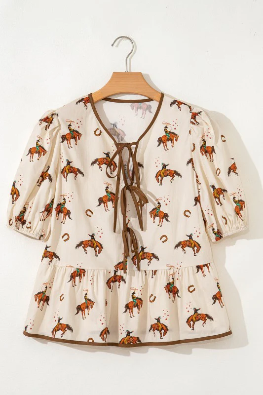Western Cowboy Bow Tie Puff Sleeve Peplum Blouse - Image 2