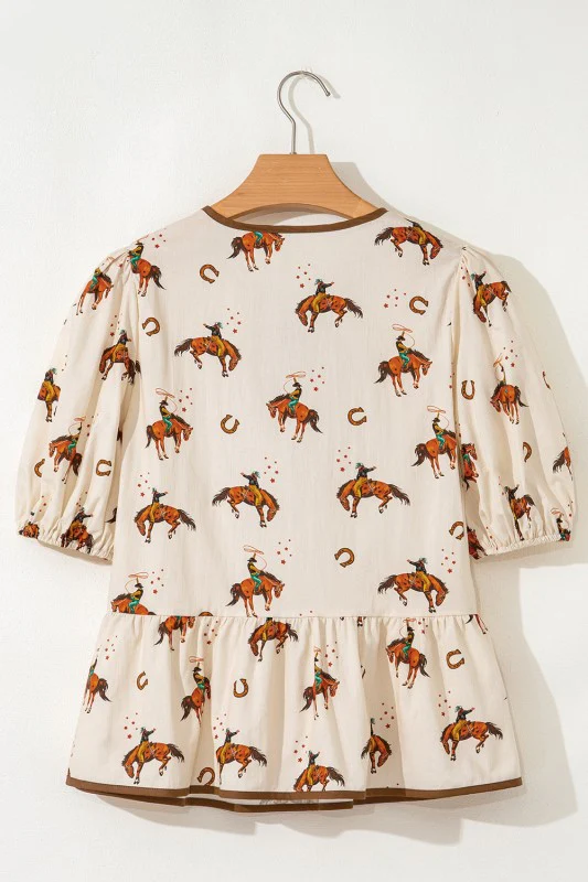 Western Cowboy Bow Tie Puff Sleeve Peplum Blouse - Image 3