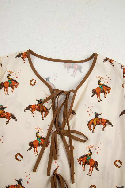 Western Cowboy Bow Tie Puff Sleeve Peplum Blouse - Image 4