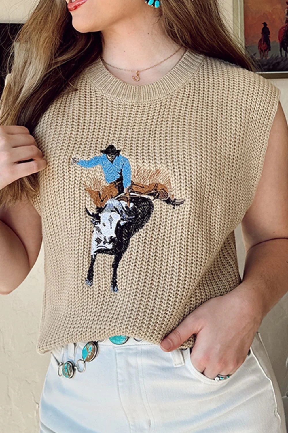 Western Cowboy Embroidery Round Neck Sleeveless Sweater - Image 3