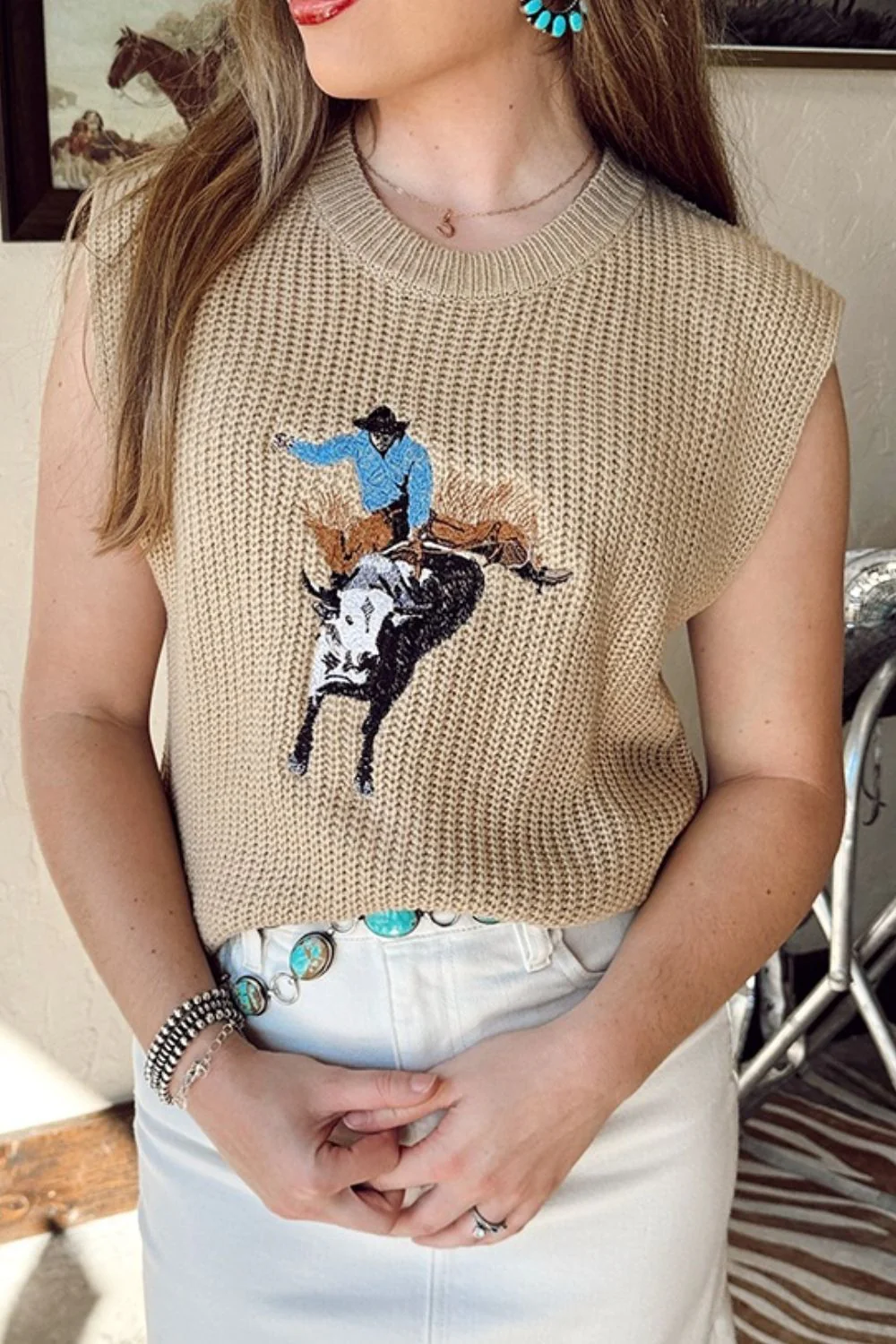 Western Cowboy Embroidery Round Neck Sleeveless Sweater - Image 4