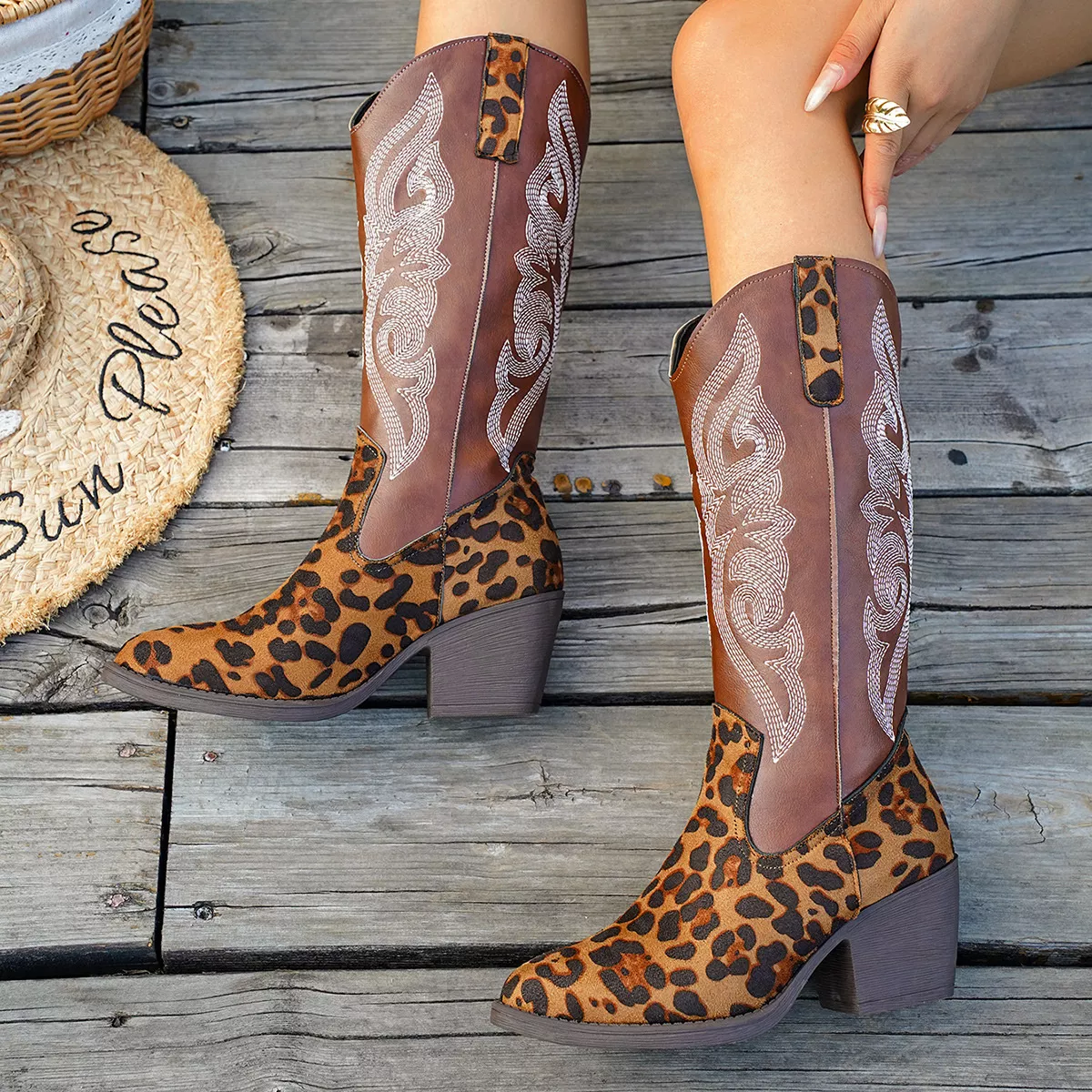Western Embroidered Mid-Calf Boots - Image 7