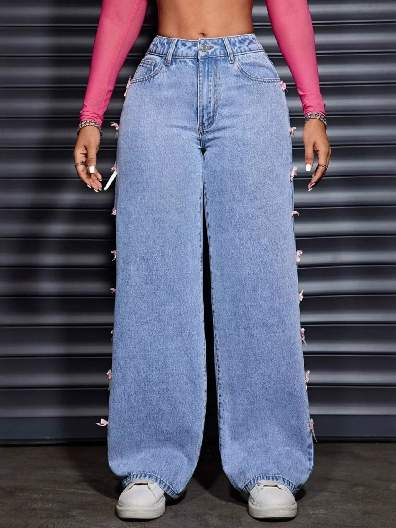 Wide Leg Jeans with Bow Decor