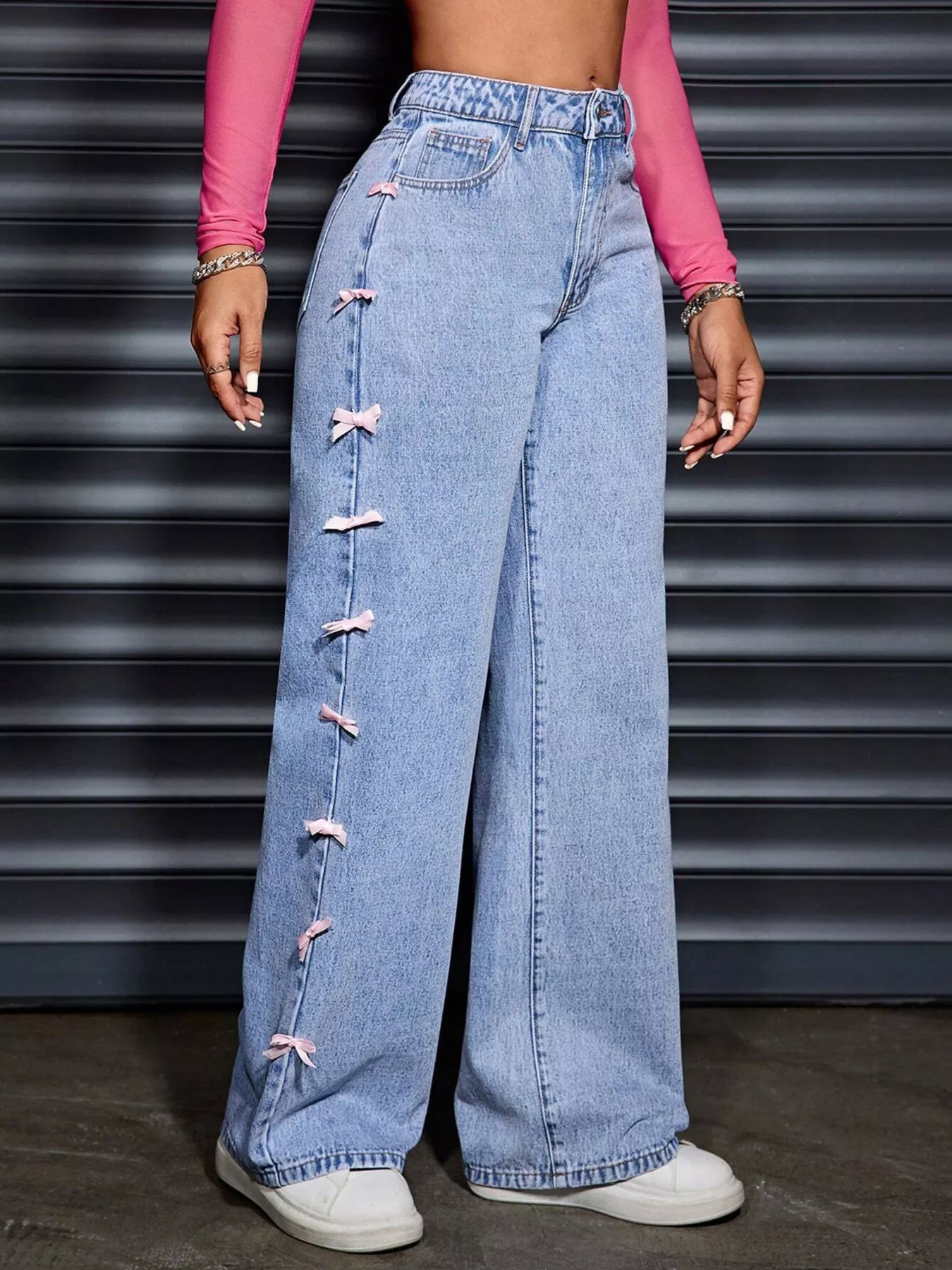 Wide Leg Jeans with Bow Decor - Image 3