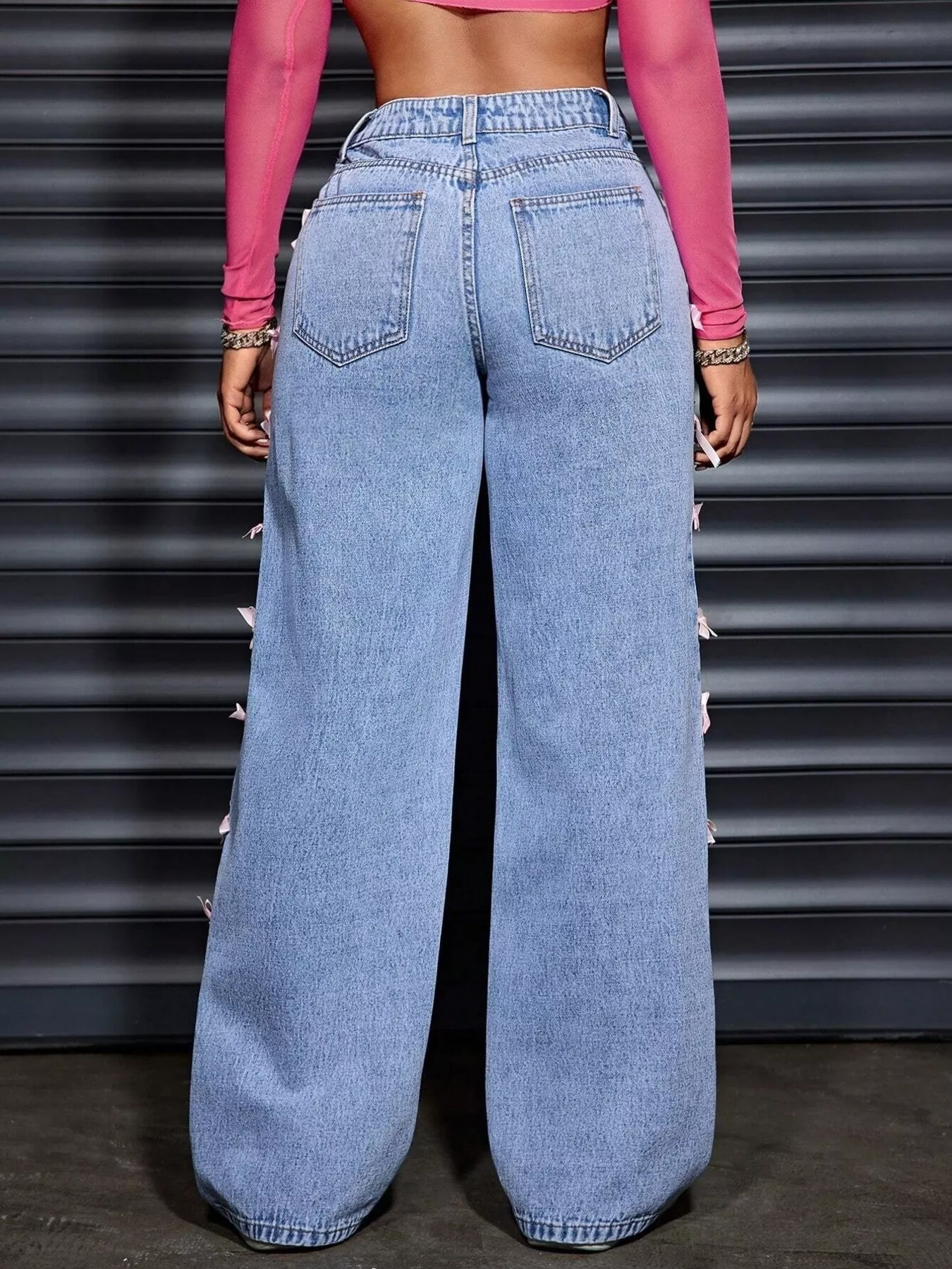 Wide Leg Jeans with Bow Decor - Image 4