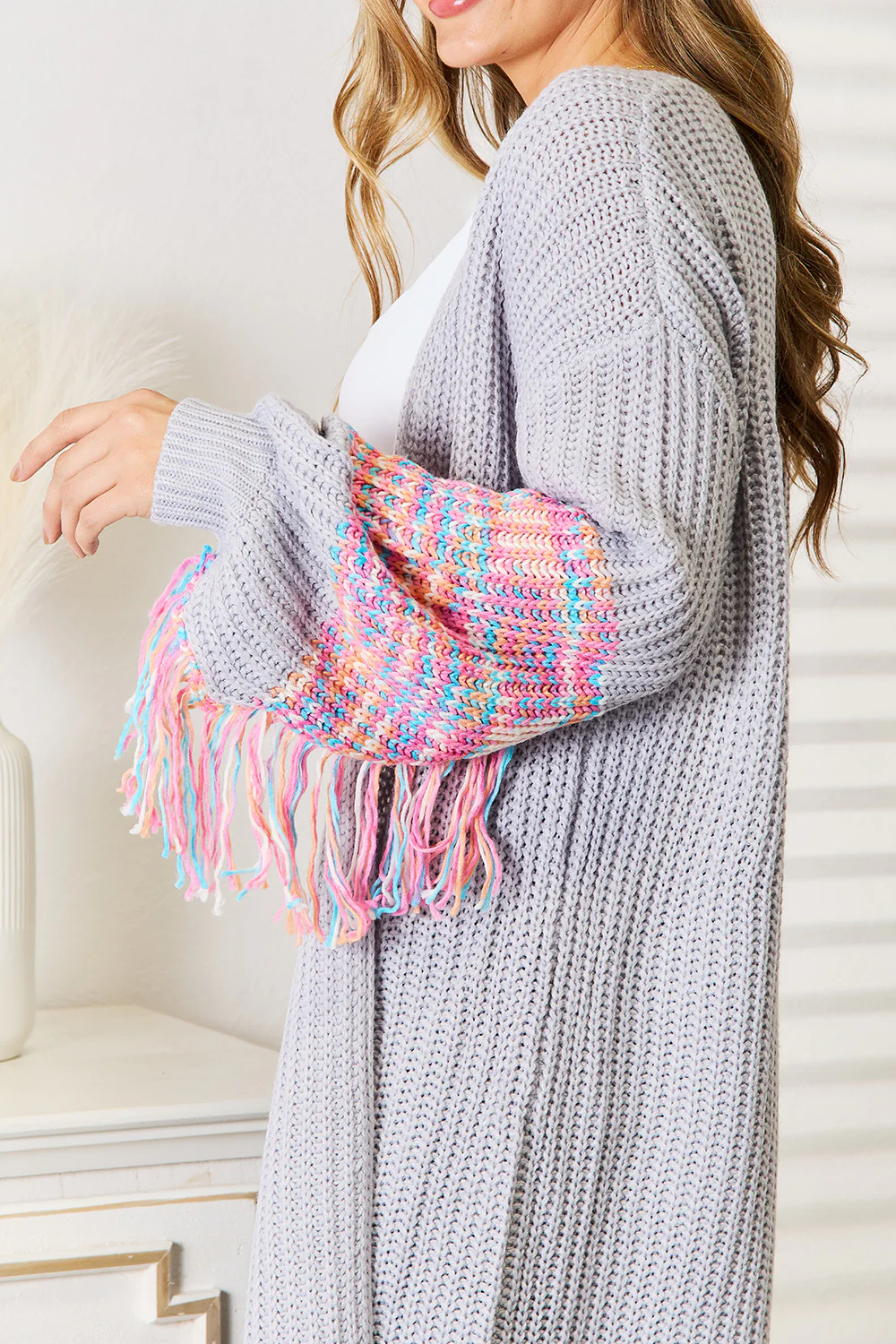 Woven Right Fringe Sleeve Dropped Shoulder Cardigan - Image 6
