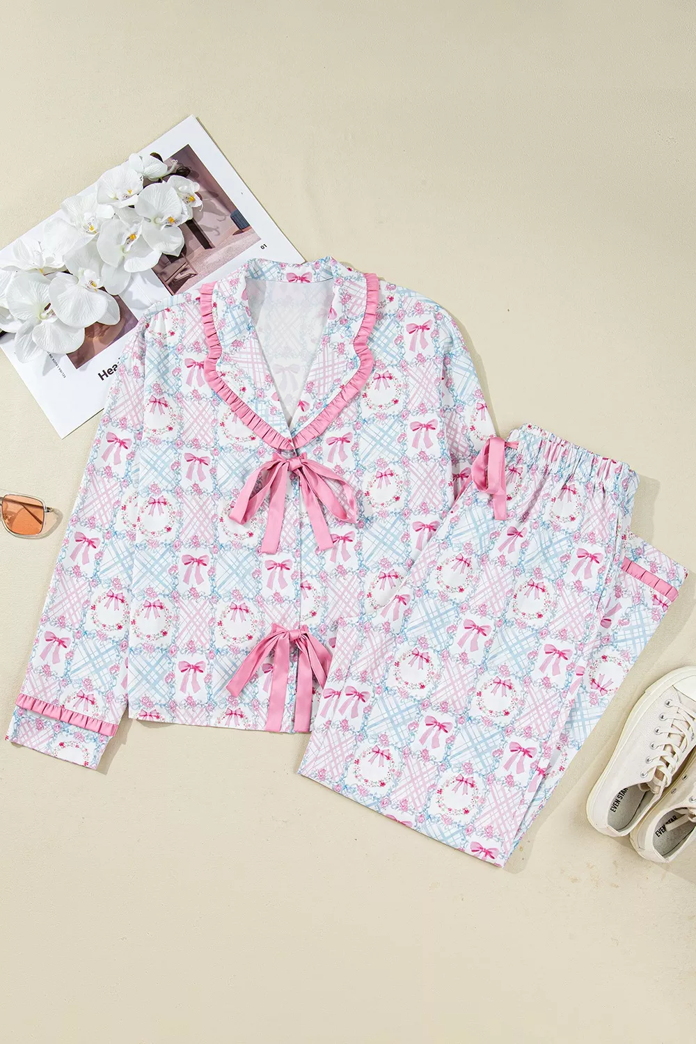 Wreath Pattern Christmas Tied Front Long Sleeve 2pcs Pajama Set - Image 2