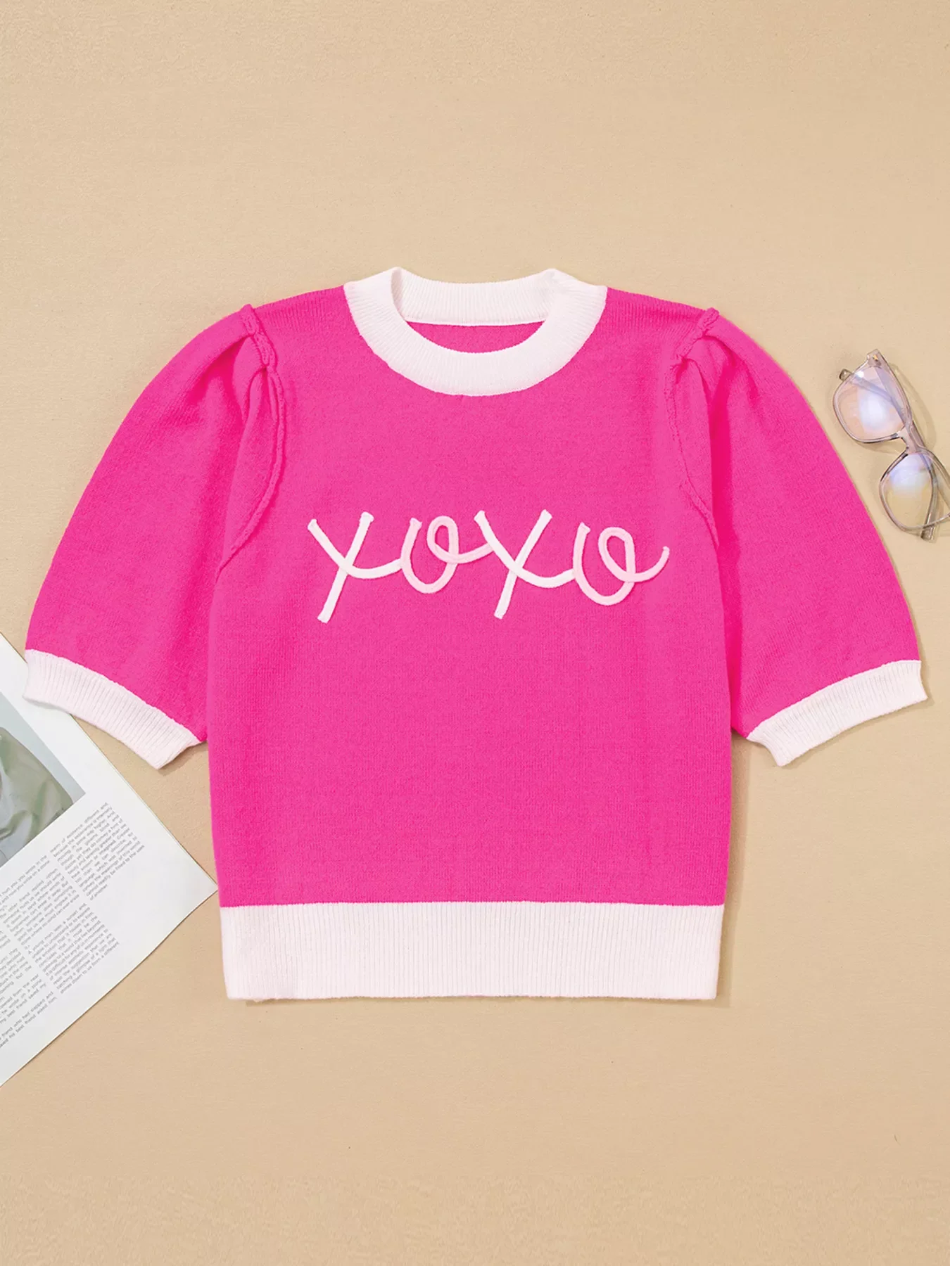 XOXO Valentines Contrast Trim Crew Neck Short Sleeve Sweater - Image 4