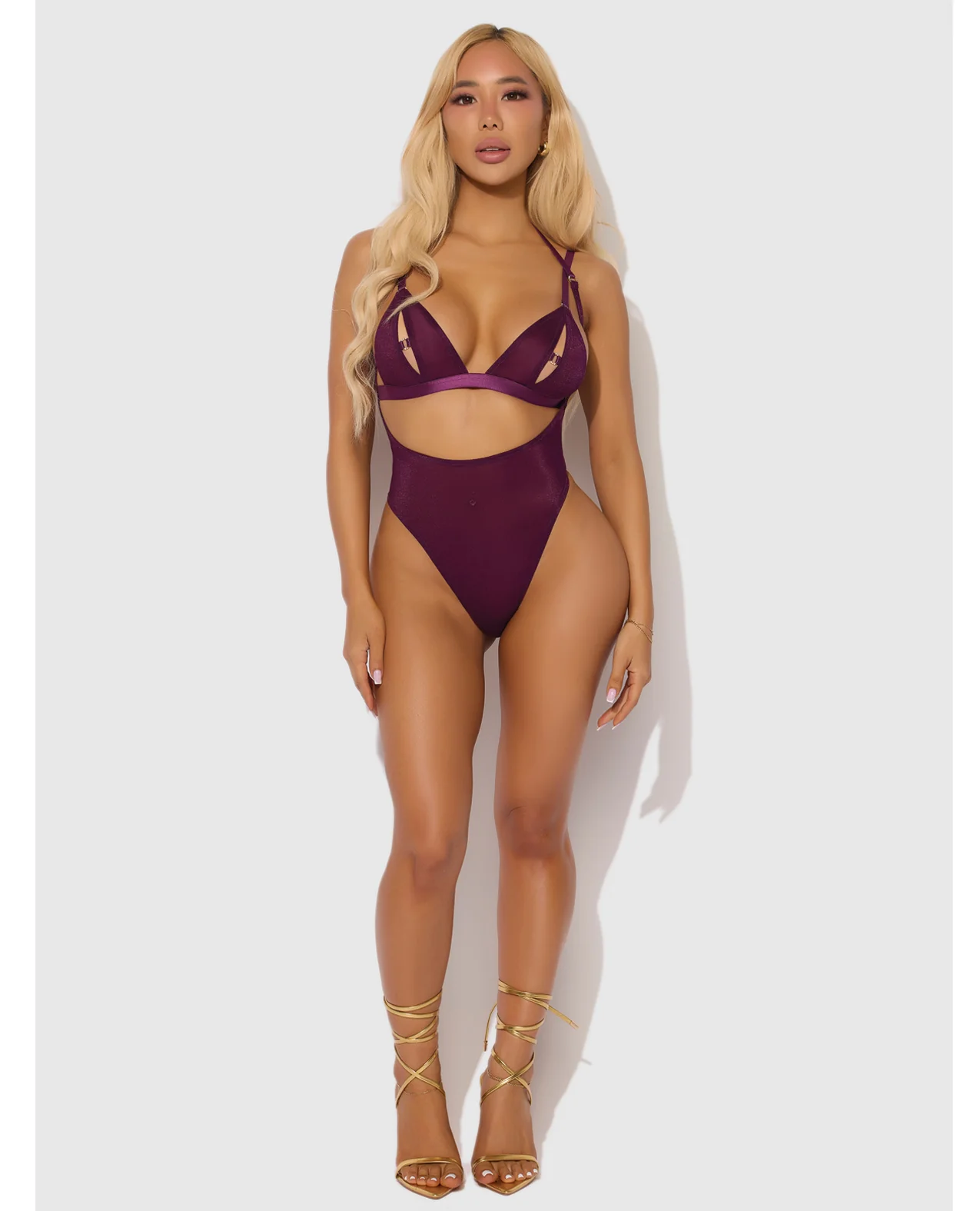 Yasmine Shimmer Mesh Slit Cup, Backless Teddy & Bralette Set - Burgundy SM - Image 3
