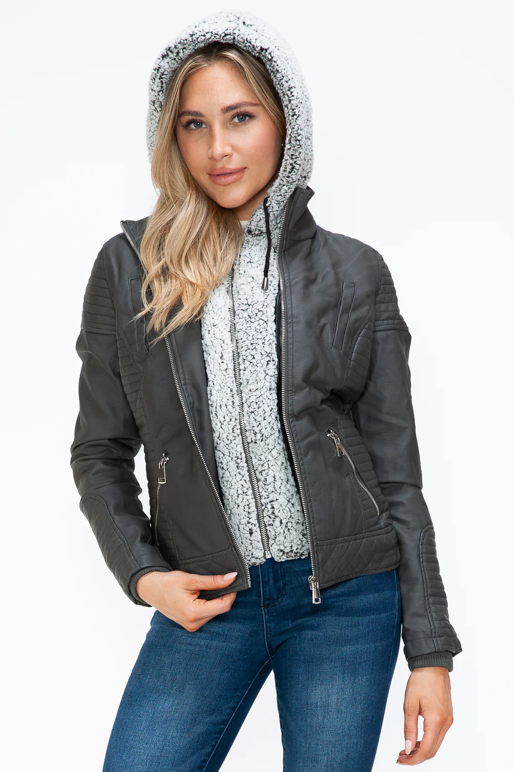 YMI Faux Layered Double-Zipper Jacket with Fuzzy Hood - Image 11