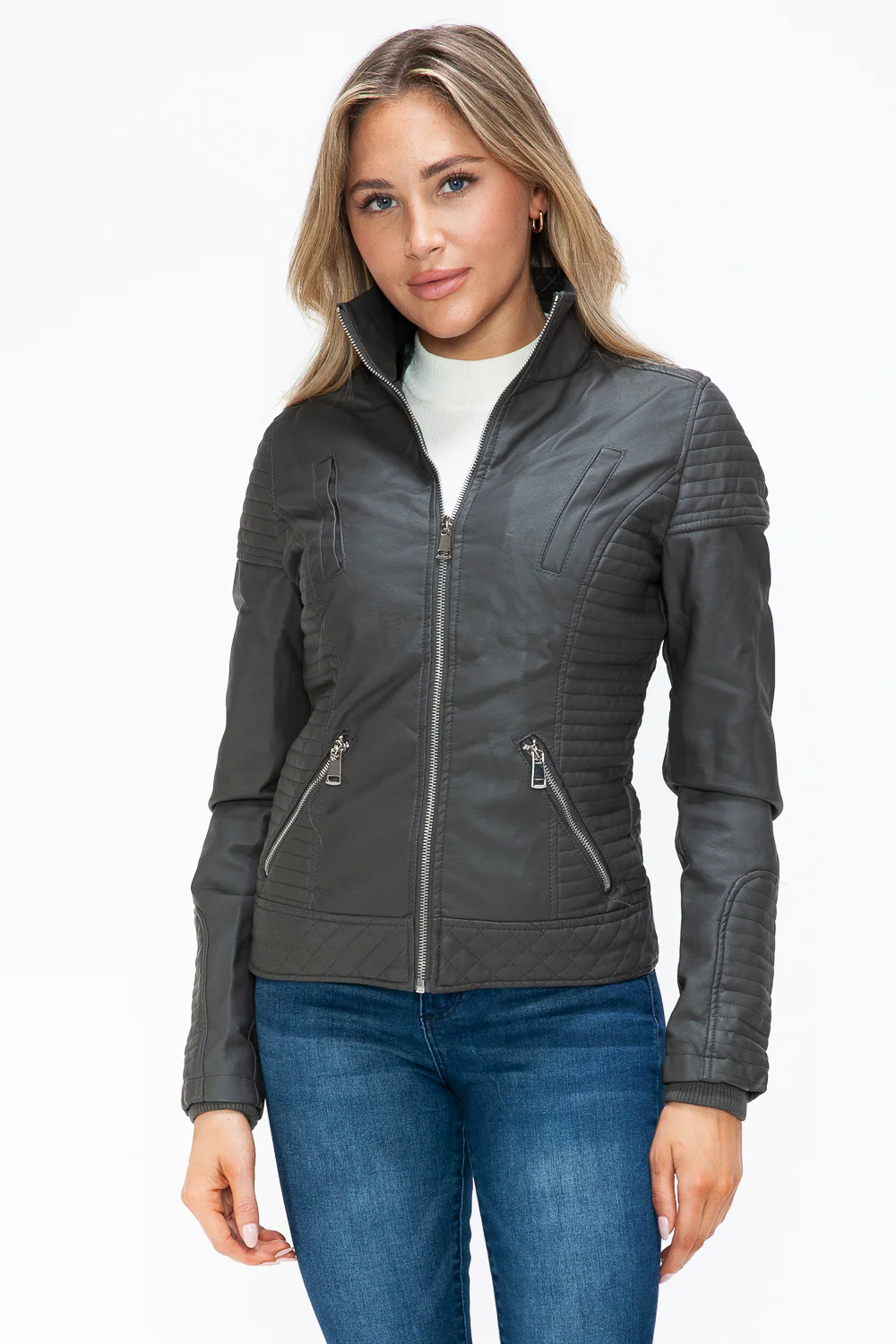 YMI Faux Layered Double-Zipper Jacket with Fuzzy Hood - Image 12