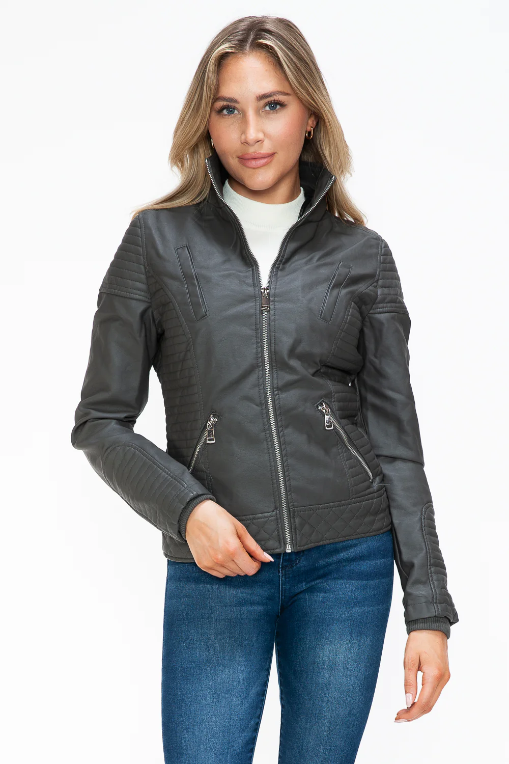 YMI Faux Layered Double-Zipper Jacket with Fuzzy Hood - Image 14