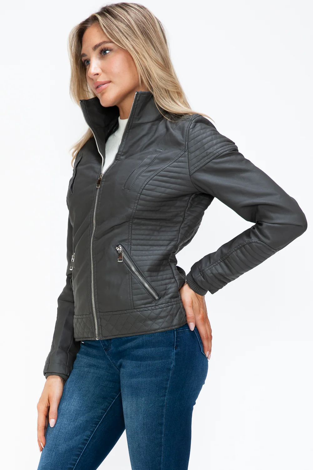 YMI Faux Layered Double-Zipper Jacket with Fuzzy Hood - Image 17
