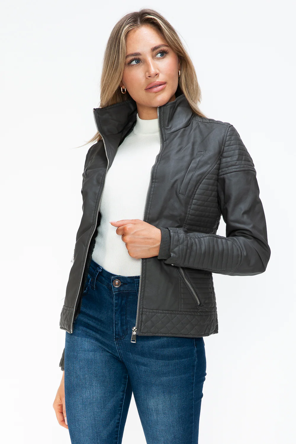 YMI Faux Layered Double-Zipper Jacket with Fuzzy Hood - Image 22