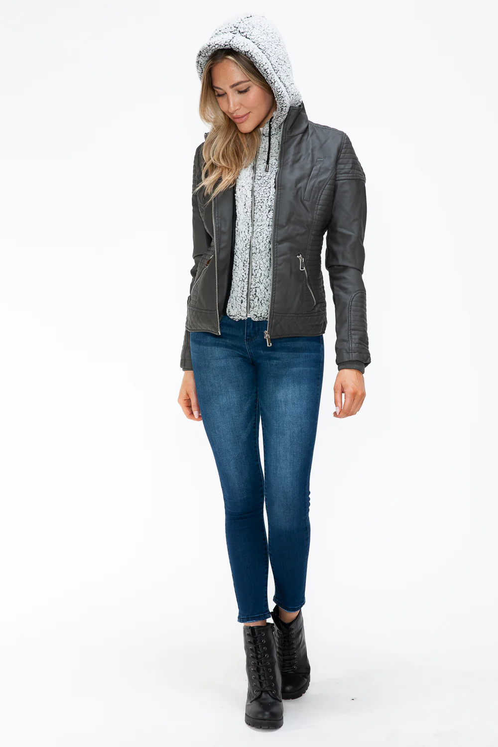 YMI Faux Layered Double-Zipper Jacket with Fuzzy Hood - Image 23