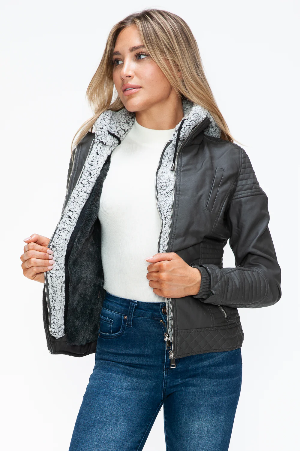 YMI Faux Layered Double-Zipper Jacket with Fuzzy Hood - Image 6
