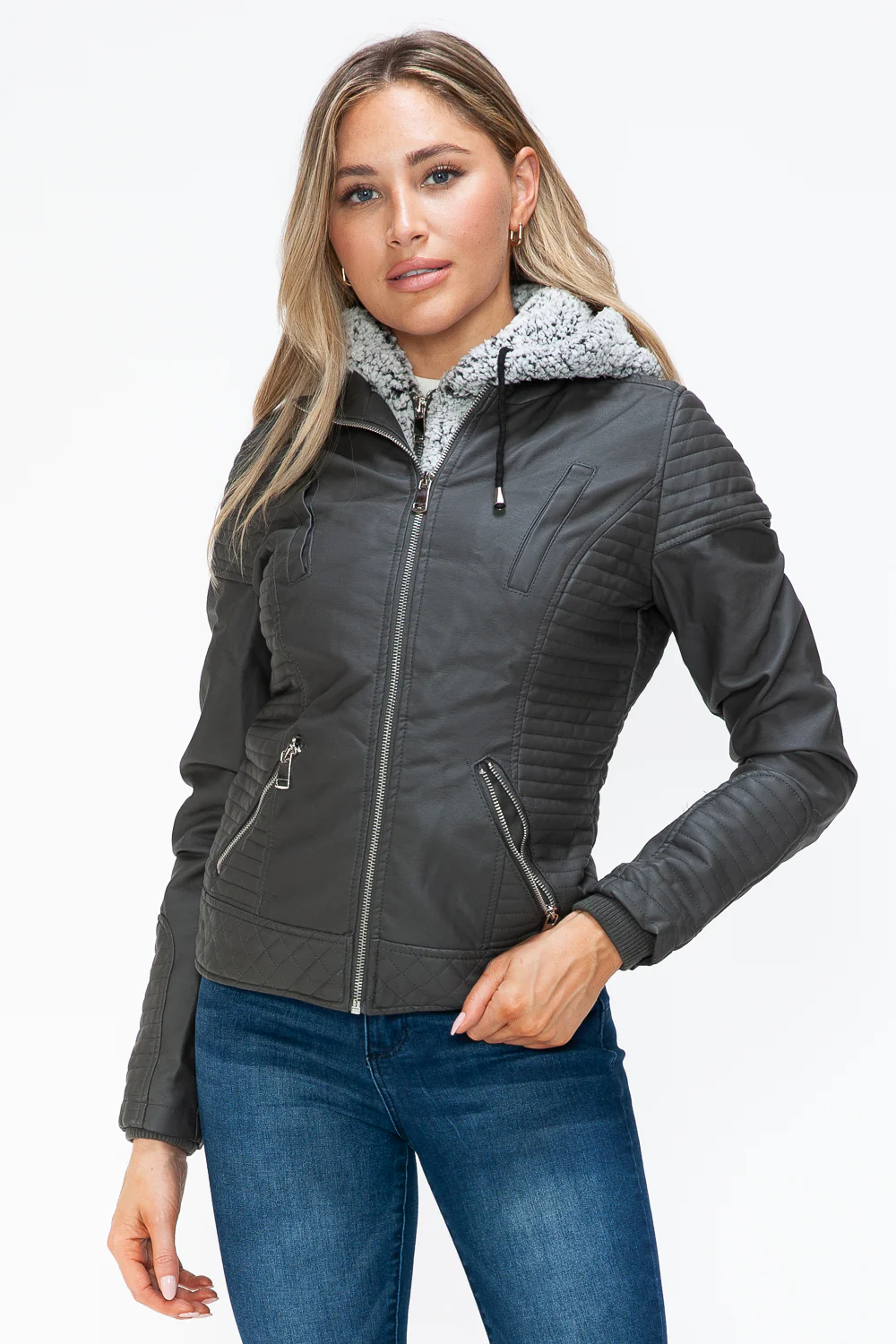 YMI Faux Layered Double-Zipper Jacket with Fuzzy Hood - Image 9