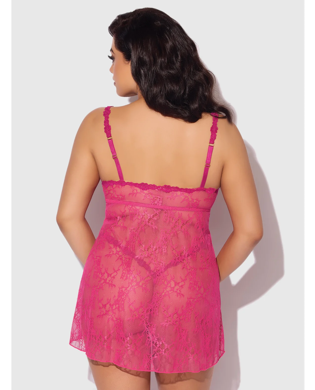 Yvone Lace Babydoll w/Front Closure & G-String 2 pc Set - Pink 1X/2X - Image 3