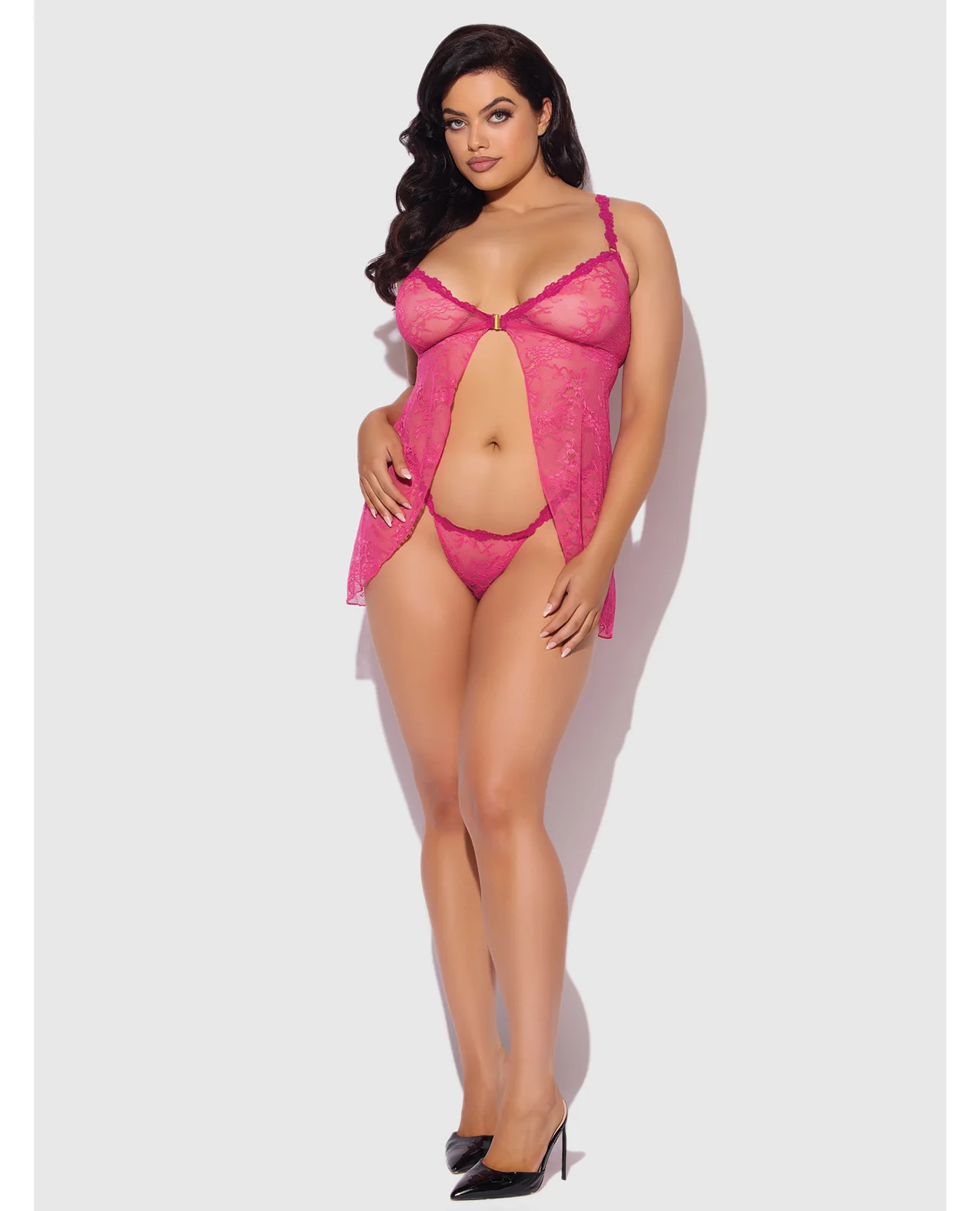Yvone Lace Babydoll w/Front Closure & G-String 2 pc Set - Pink 3X/4X - Image 5