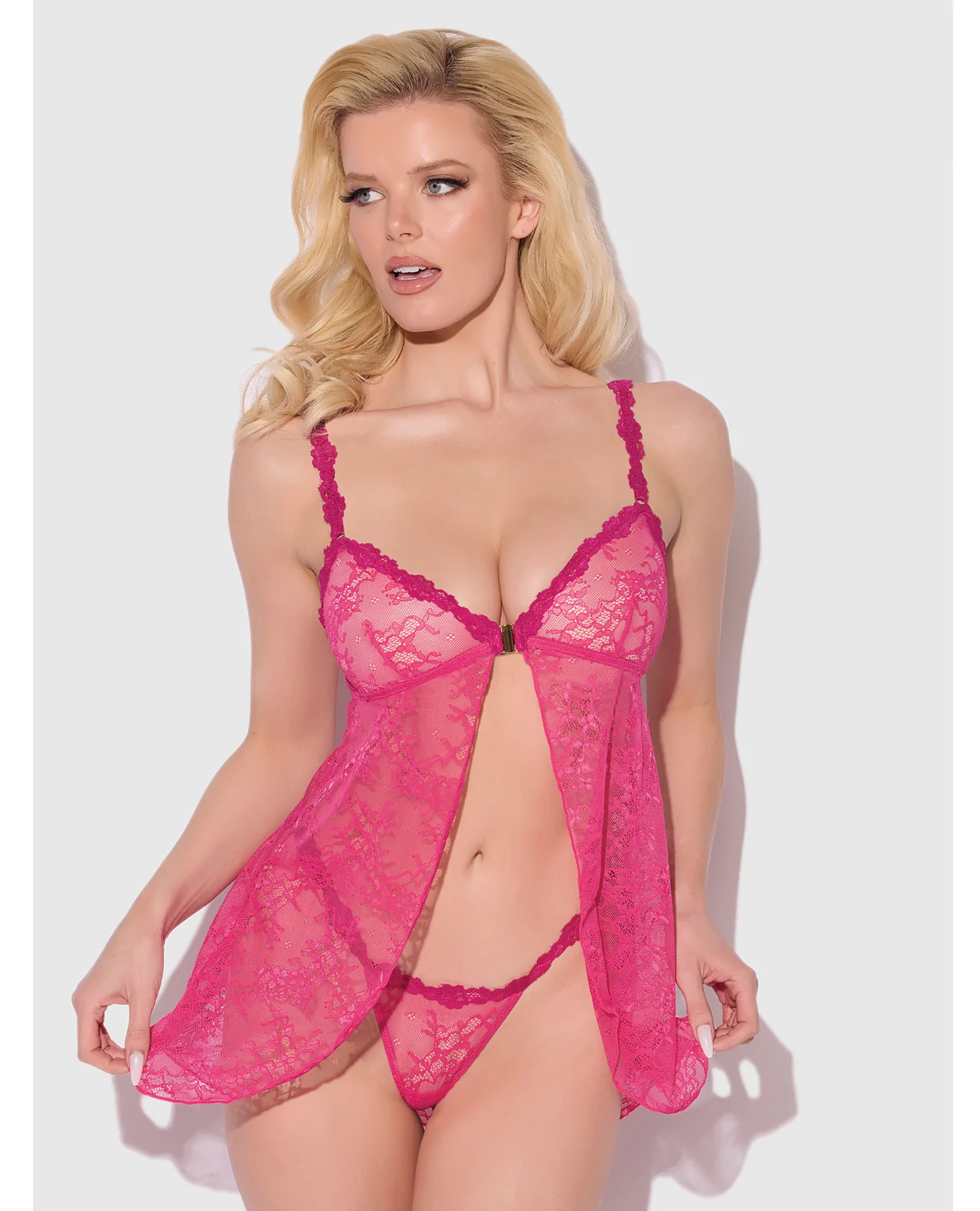 Yvone Lace Babydoll w/Front Closure & G-String 2 pc Set - Pink MD - Image 2