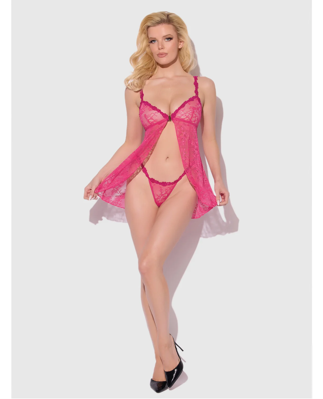 Yvone Lace Babydoll w/Front Closure & G-String 2 pc Set - Pink SM - Image 5