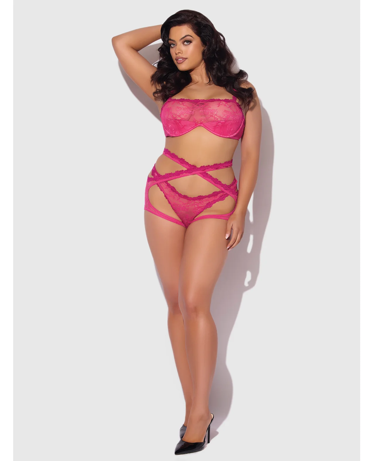 Yvone Lace Bra w/Removable Straps, Garter & Tanga Panty 3 pc Set - Pink 3X/4X - Image 5