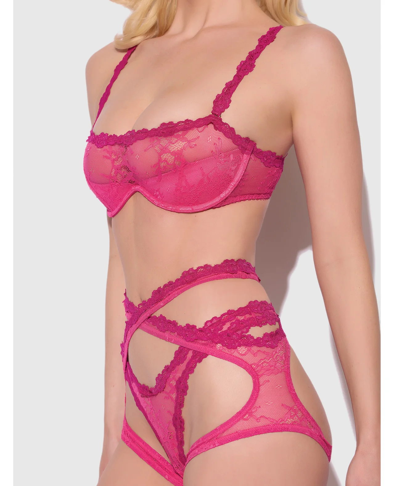 Yvone Lace Bra w/Removable Straps, Garter & Tanga Panty 3 pc Set - Pink SM - Image 2