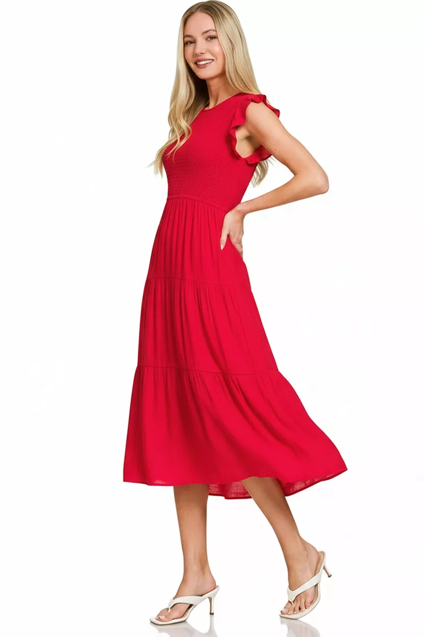 Zenana Woven Smocked Ruffle Sleeve Midi Dress - Image 2