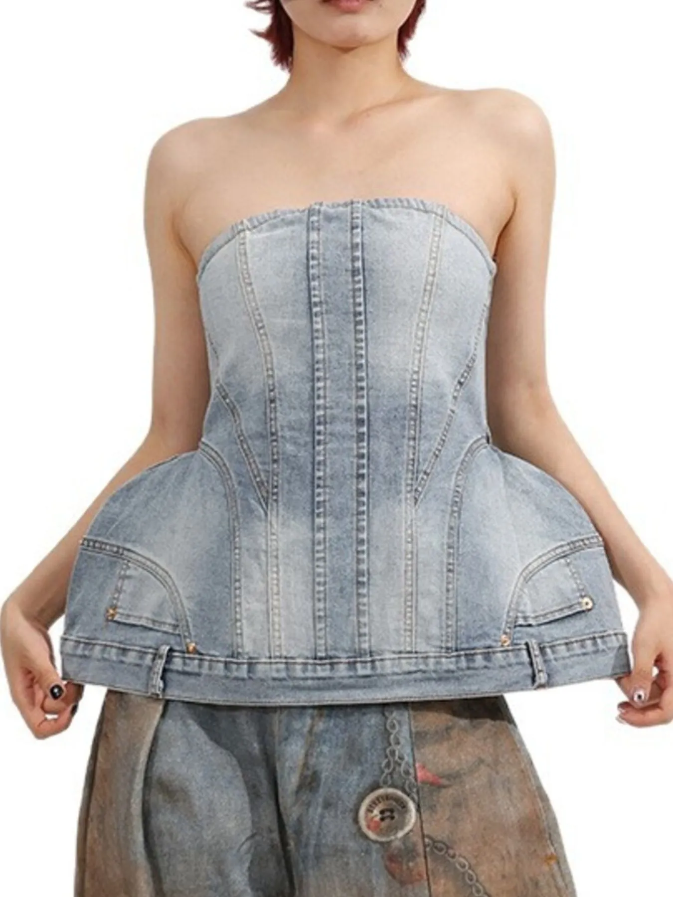 Zip Back Denim Tube Top - Image 2