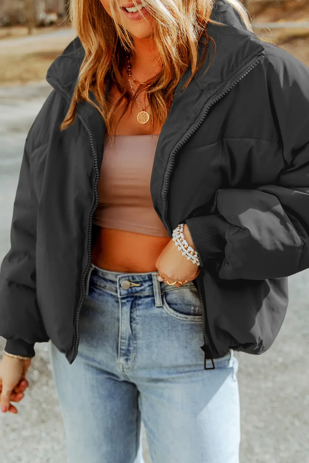 Zip Up Collared Neck Coat with Pockets - Image 9