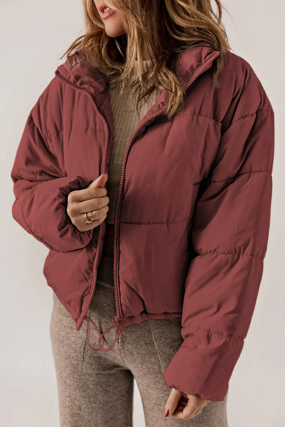 Zip Up Collared Neck Long Sleeve Winter Coat - Image 3