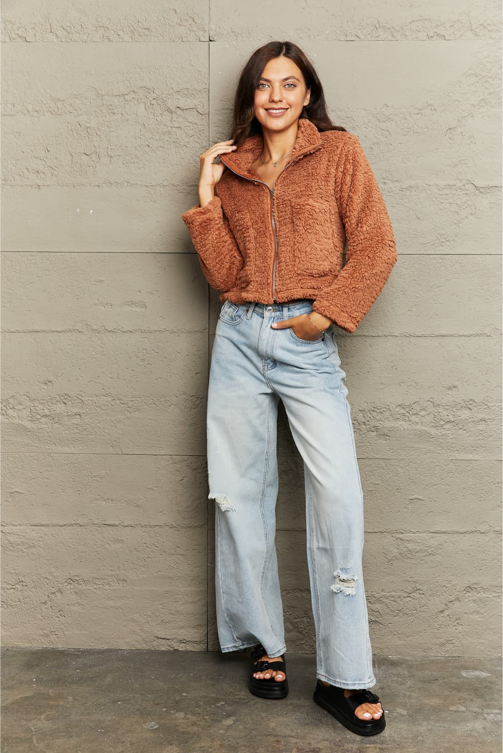 Zip-Up Collared Teddy Jacket - Image 4