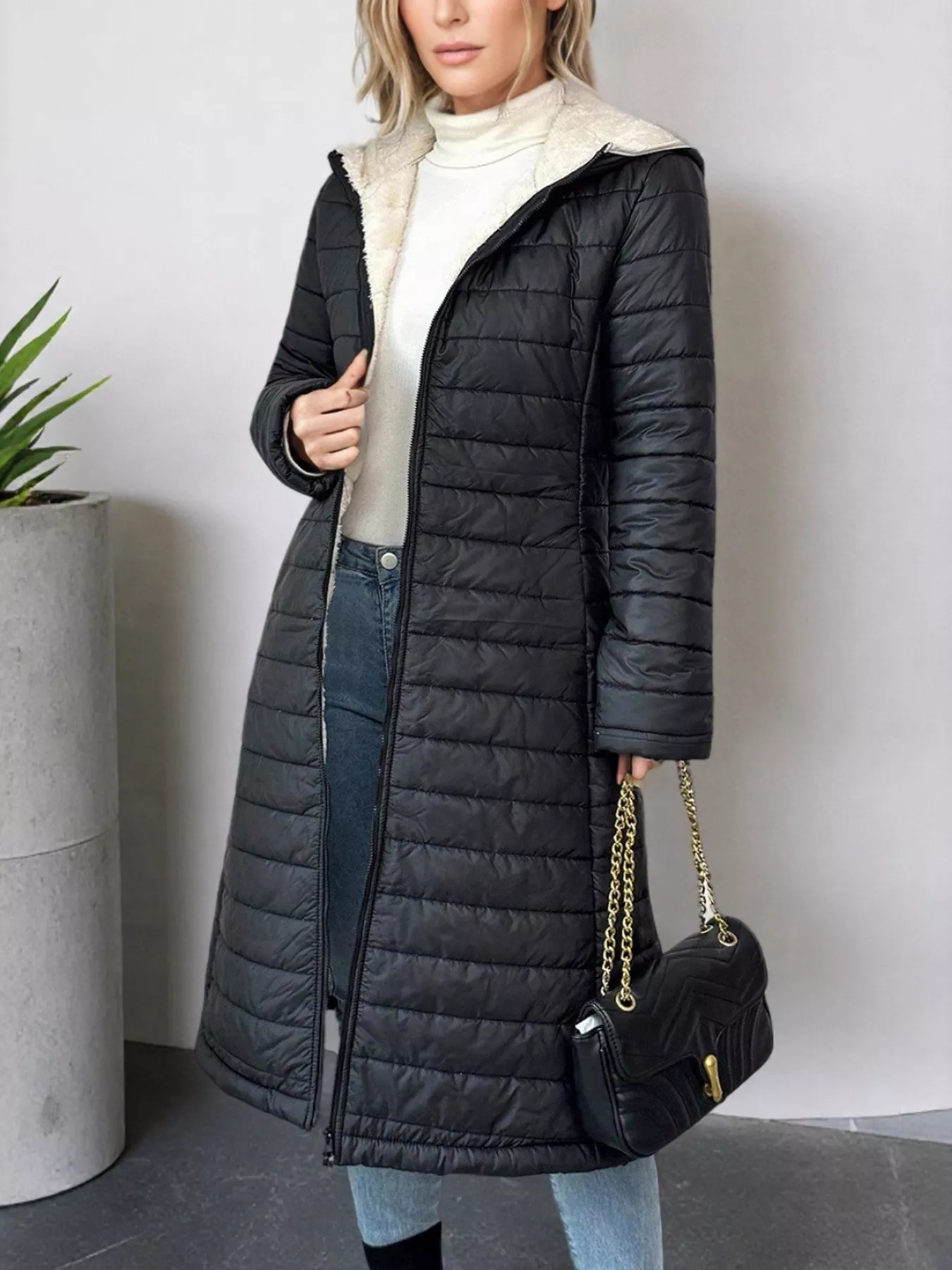 Zip Up Quilted Hooded Puffer Coat - Image 5